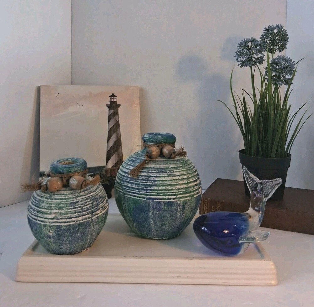 Vintage Coastal Decor Set: 3Pc Blue Green Pottery Vases & Glass Whale